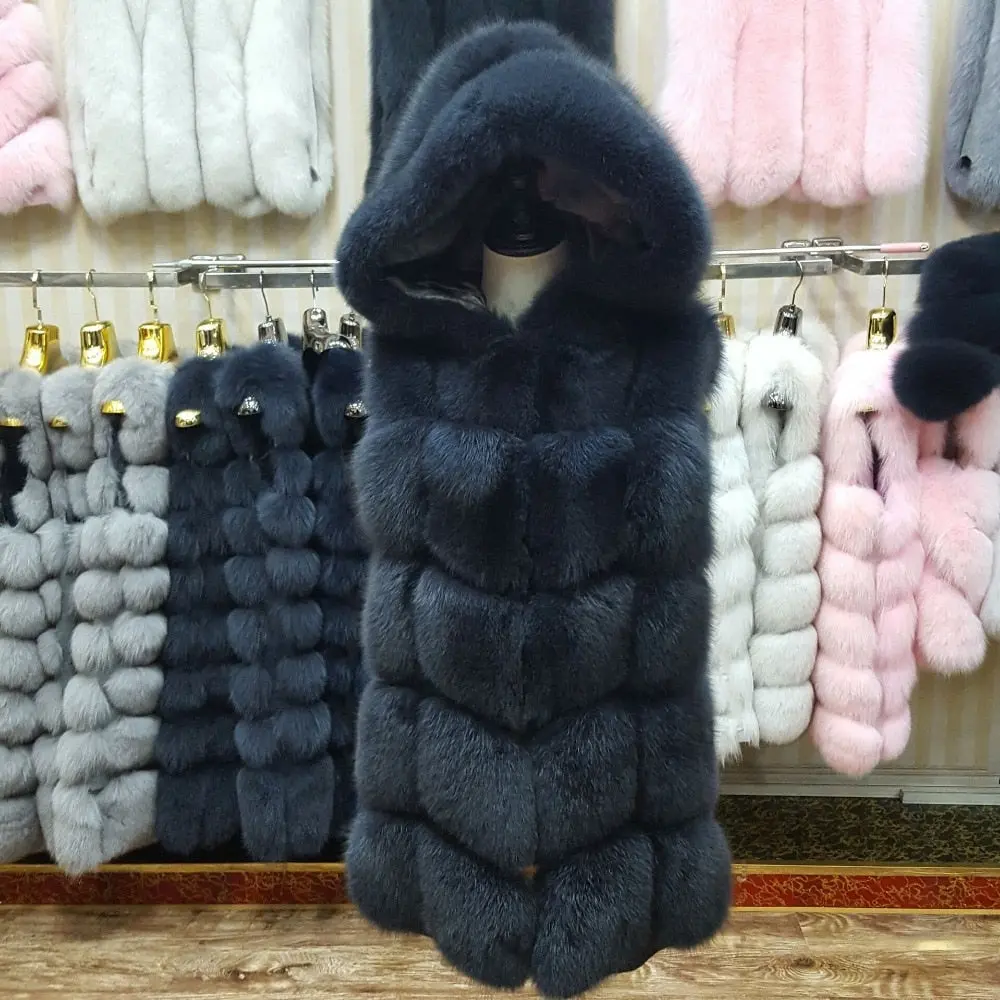 Now New Brand Natural Fox Fur Vest Hood Thick Fur High Quality Removable Hood Female Fur Coat Vest 1