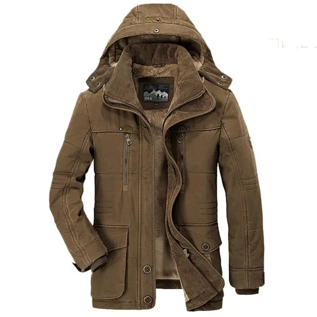Stay warm and stylish this season with our men's winter hooded parka—featuring premium cotton padding, soft fleece lining, and luxurious fur trim. Designed in a rugged military-inspired silhouette, this insulated overcoat delivers exceptional warmth and fits comfortably up to size 6XL. - Image 4