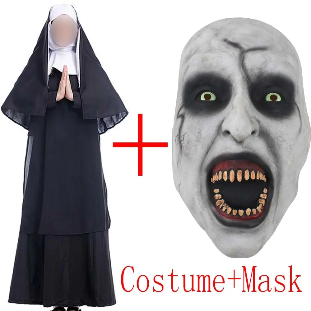 2018 Movie The Nun Costume Mask Cosplay Adult Long Black Scary Nuns Ghost Clothes Uniform Horror Halloween Party Costume Props 1