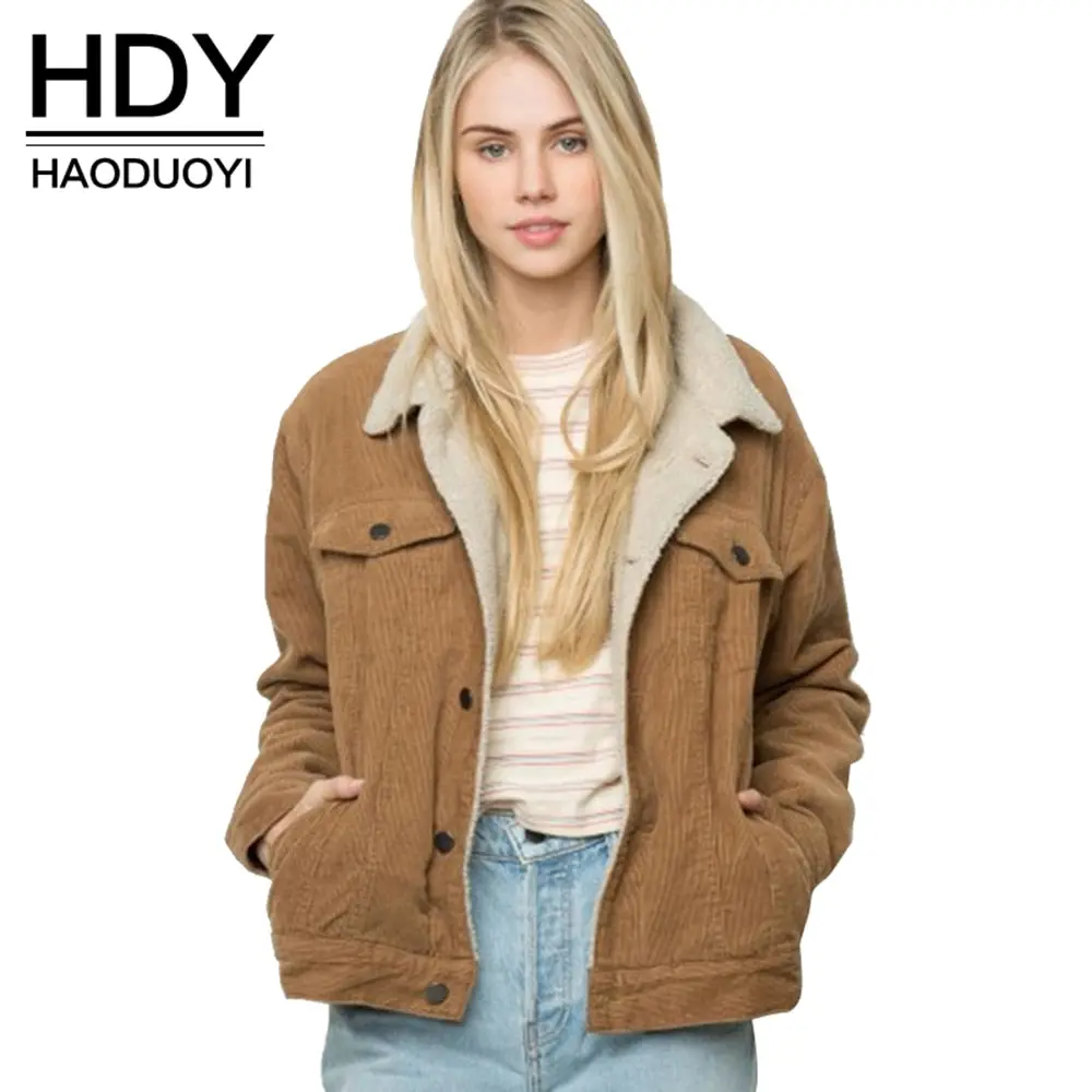Hdy Haoduoyi Winter Casual  Brown Corduroy Long Sleeve Turn-Down Collar Jacket Single Breasted Basic Women Warm Coat 1