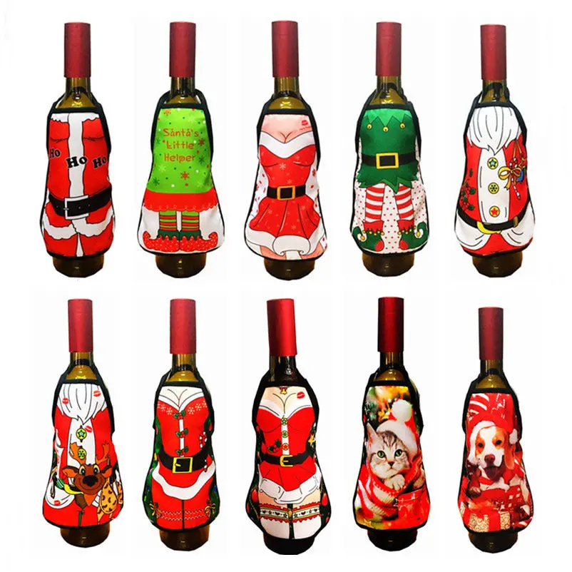 Small Apron Bottle Wine Cover Christmas Sexy Lady/Xmas Dog/Santa Pinafore Red Wine Bottle Wrapper Holiday Bottle Clothes Dress 1