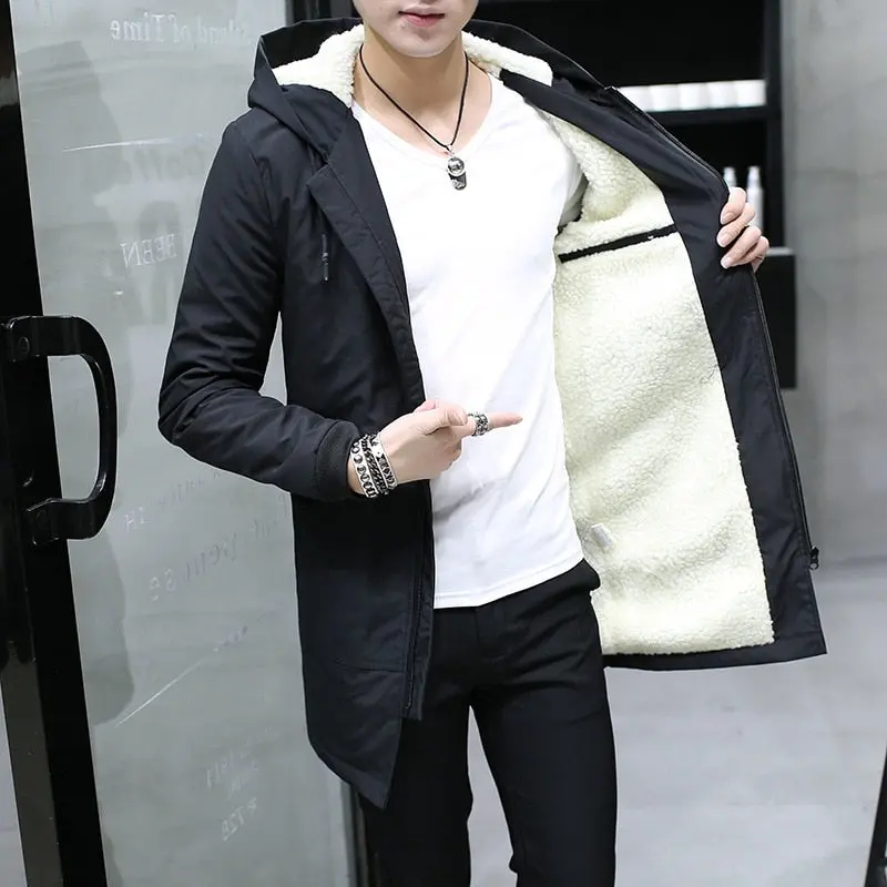2018 Winter Jacket Men Hooded Slim Korean Parka Hombre Long Jacket Coat Cashmere Mens Windbreaker Parkas Cotton Youth Clothing 1