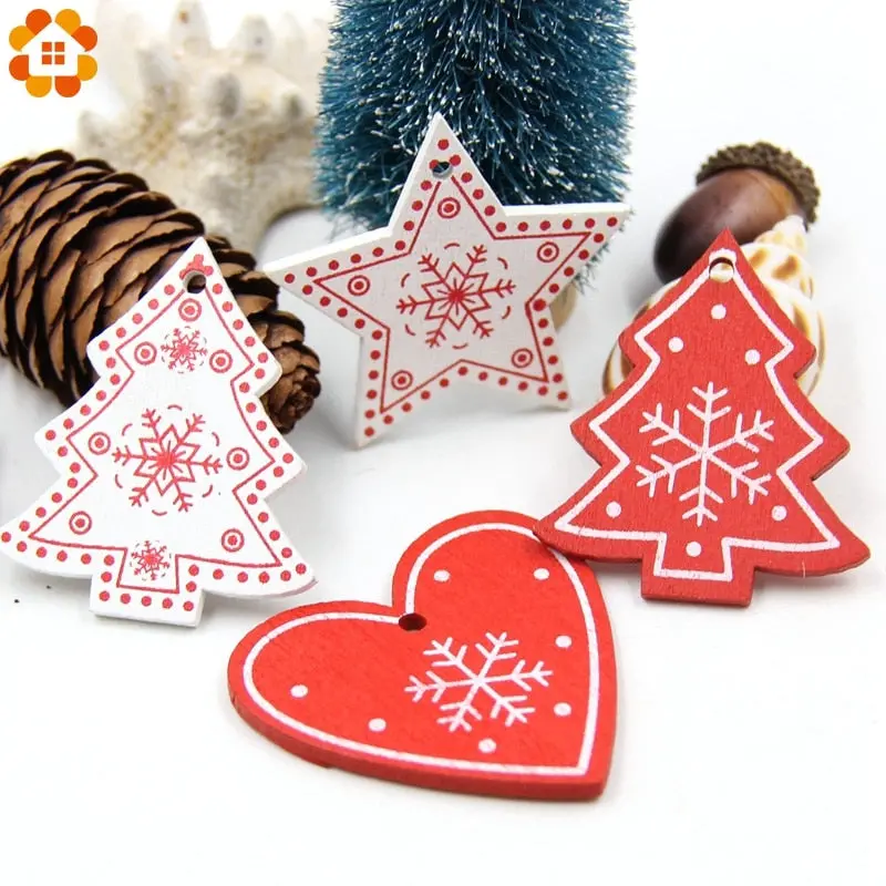 12Pcs Diy White&Red Tree/Heart/Star Wooden Pendants Ornaments For Christmas Party Xmas Tree Ornaments Kids Gifts Decorations 1