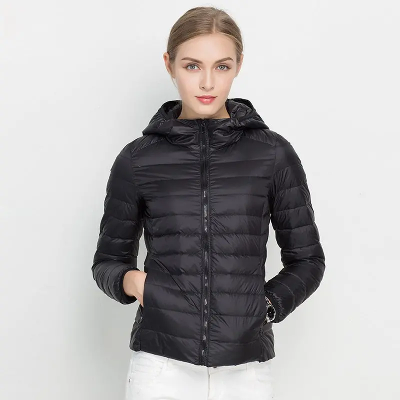 2018 New Women Winter Jacket Ultra Light White Duck Down Jacket Fashion Warm Slim Hooded Down Coat For Women Portable Overcoat 1