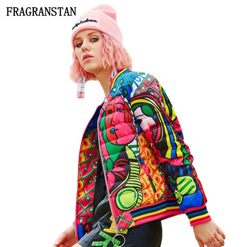 Women Winter New Stand Collar Down Jacket Fashion Abstract Print High Quality Parkas Female Casual Slim Baseball Uniform Jq752 1