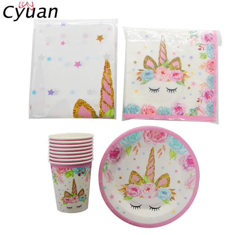 Cyuan Unicorn Party Disposable Tableware Set Kids Birthday Party Paper Cup Plate Hat 1St First Birthday Party Decor Supplies 1