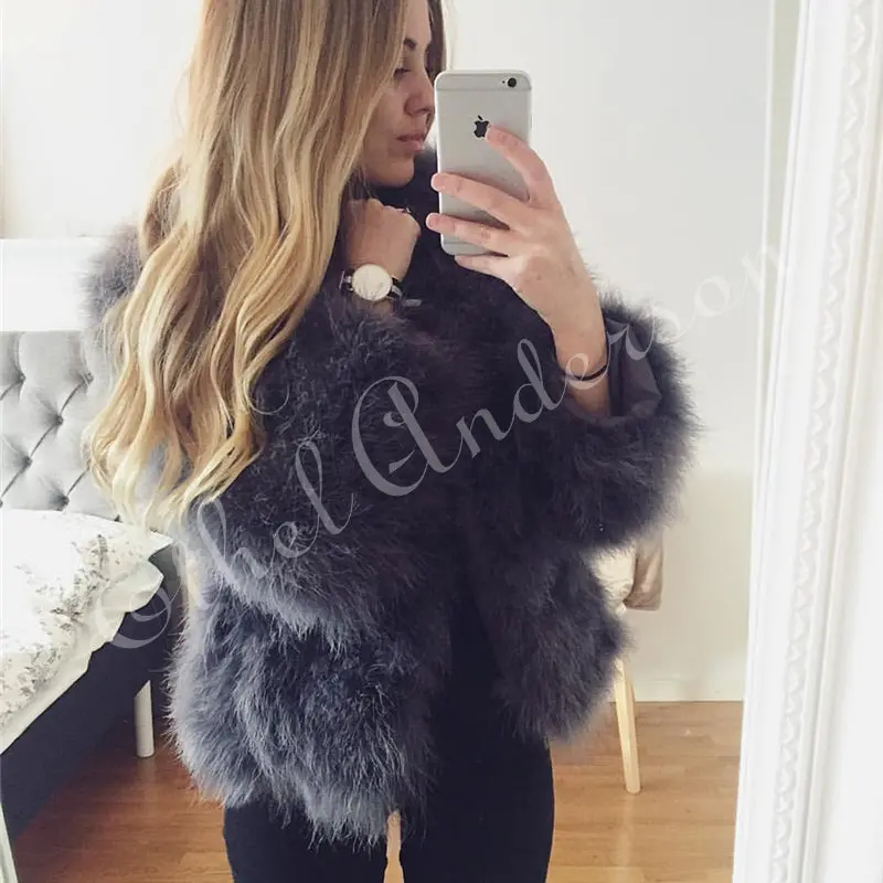 New Season's 100% Fluffy Feather Fever Fur Jackets Handmade Knitted Genuine Ostrich Fur Coat Women Retail Natural Fur Jacket 1