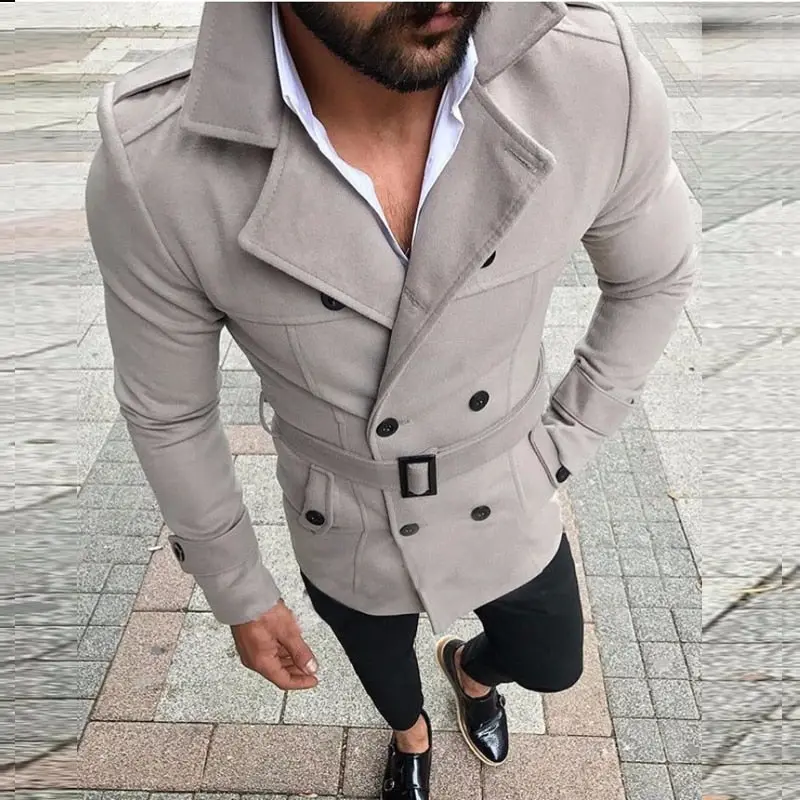 Wool Trench Coat Outerwear Turn-Down Collar England Double Breasted Slim Fit Wool Overcoat With Belt Men Jacket Casaco Masculino 1