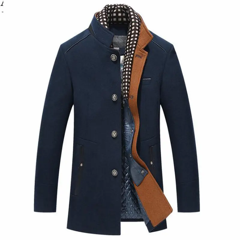 Winter Trench Coat Men Casual Thick Wool Overcoat Men's Stand Collar Woolen Coats With Detachable Scarf Parka Casaco Masculinos 1