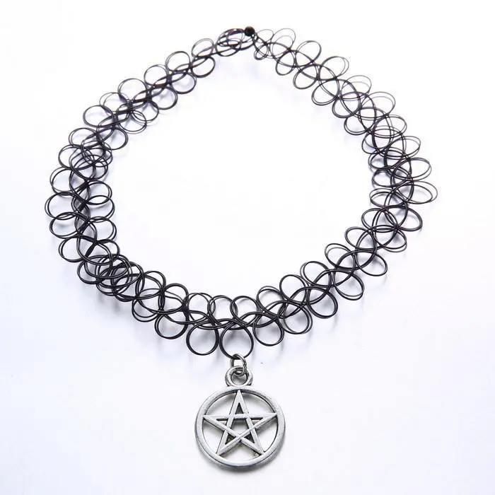 Vintage Black Tattoo Choker Necklace Pendant Retro Elastic Stretch Gothic 80S Handmade Grunge Henna Necklaces For Women 1