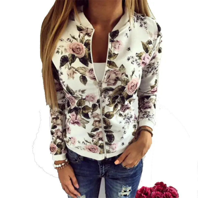 Women Jacket Brand Tops Flower Print Girl Plus Size Casual Baseball Sweatshirt Button Thin Bomber Long Sleeves Coat Jackets 1