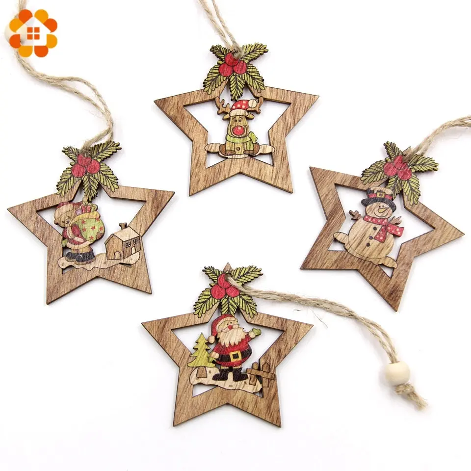 4Pcs Christmas Star Wooden Pendants Ornaments Xmas Tree Ornament Diy Wood Crafts Kids Gift For Home Christmas Party Decorations 1