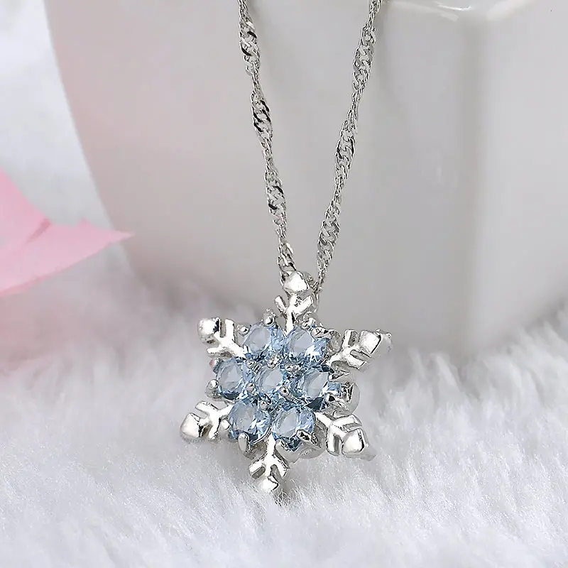 Charm Vintage Lady Blue Crystal Snowflake Zircon Flower Silver Necklaces & Pendants Jewelry For Women Free Shipping 1