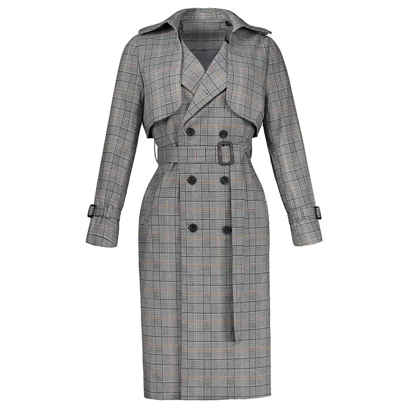 Woman England Style Autumn Long Trench Coats 2018 Female Plaid Turn-Down Collar Sashes Gray Color Long Trench Coats For Woman 1