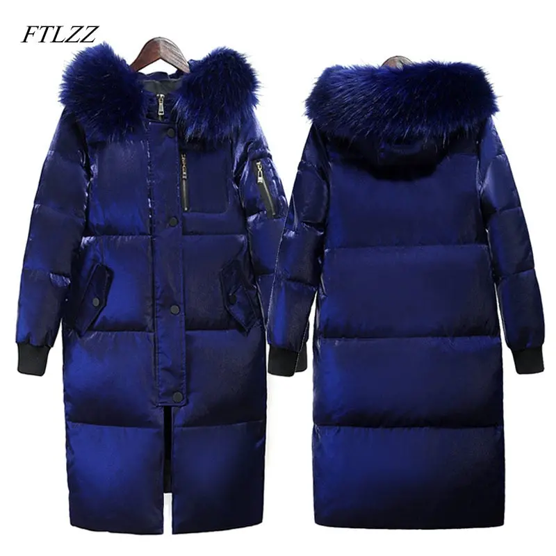 Ftlzz Winter Long Down Jacket Women Big Fur Collar Hooded White Duck Down Long Parkas Coat Female Slim Snow Outerwear 1