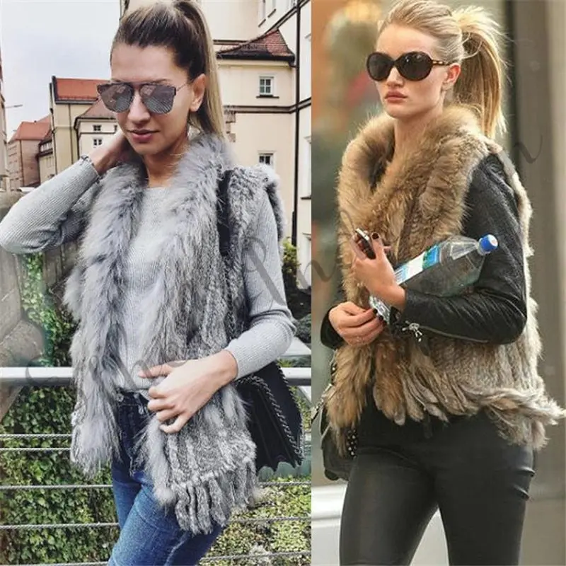Natural Rabbit Fur Vest With Raccoon Fur Collar Party Waistcoat Jackets Knitted Gilets Women Wool Vest Colete De Pele De Coelho 1