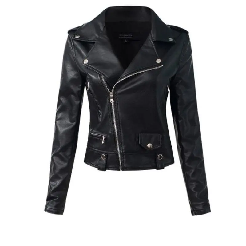 Aelegantmis Casual Pu Leather Jacket Women Classic Zipper Short Motorcycle Jackets Lady Autumn Winter Basic Leather Coat Black 1