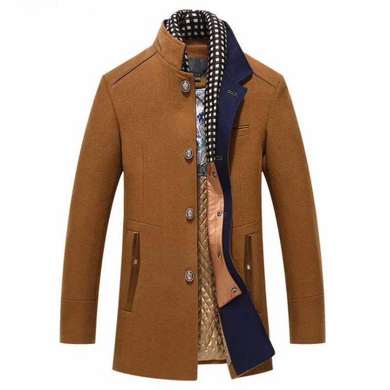 Mens Overcoat Winter Casual Thick Wool Coat Men Stand Collar Woolen Coats With Detachable Scarf Parka Casaco Masculinos Peacoat 1