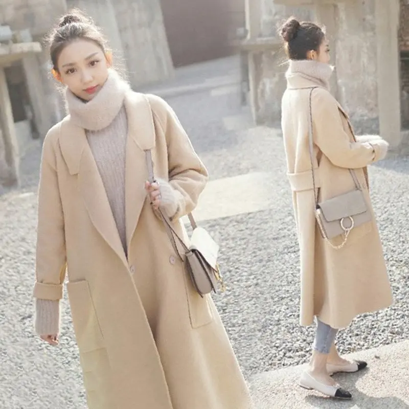 2018 Korean Autumn Winter Women Long Wool Blend Coat  Plus Size Casual Loose Warm Casaco Feminino Simple Woolen Midi Outerwear 1