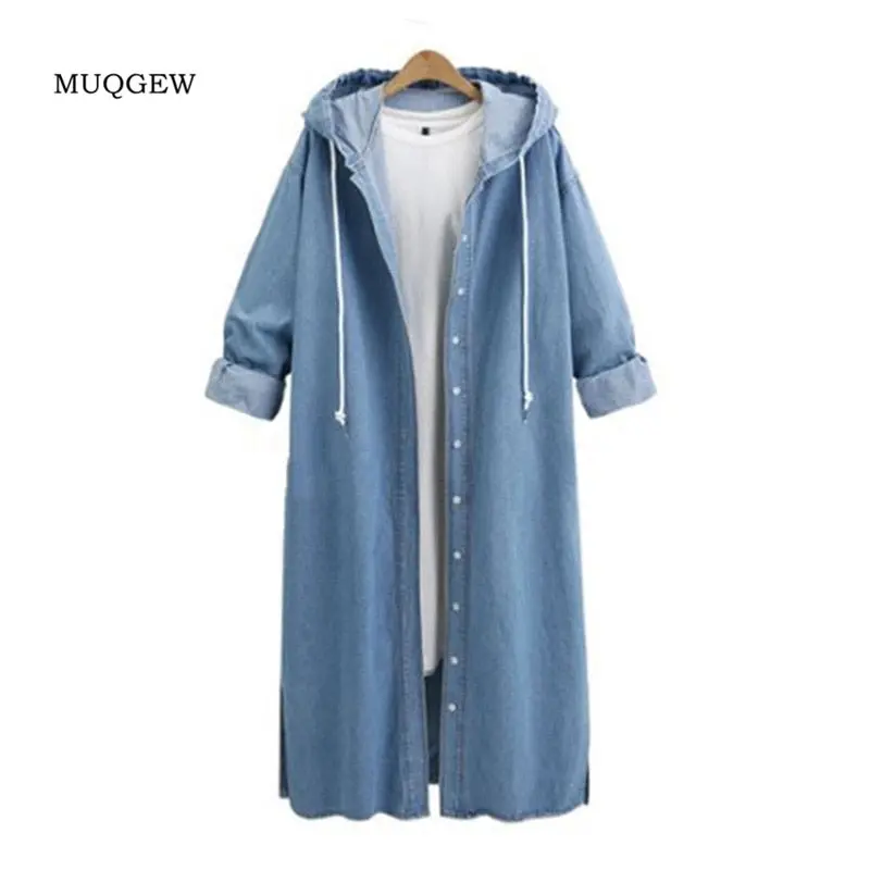 Fashion Women Hooded Casual Long Sleeve Wide-Waisted Solid Denim Jacket Long Jean Coat Outwear Overcoats 1