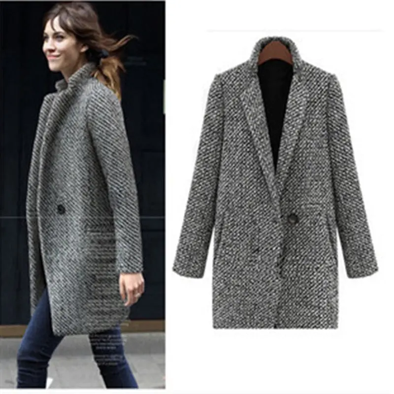 2017 Winter Coat Women Houndstooth Cotton Blend Coat Single Button Pocket Oversize Long Trench Coat Outerwear Woolen Coat Woman 1