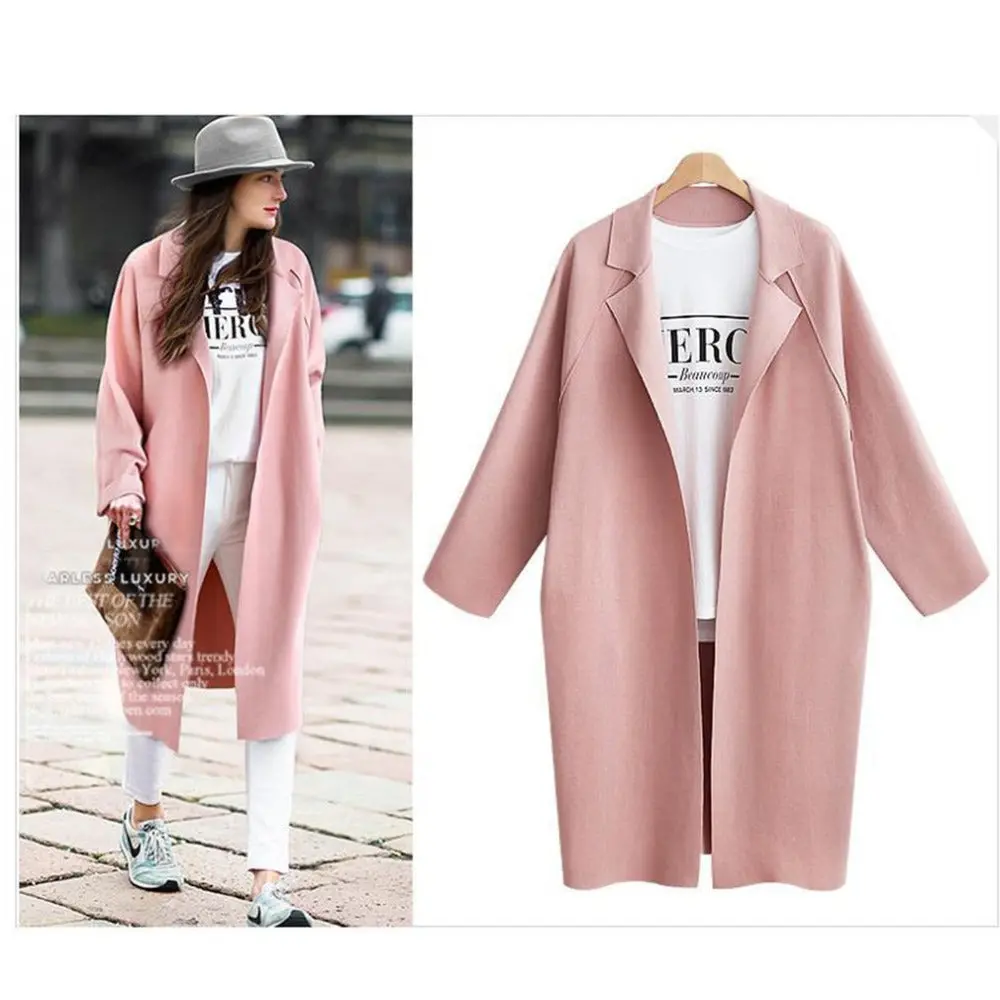 Women Solid Color Coat Lady's Long Section Turn-Collar Windbreaker Coat Plus Size Cocoon Type Long Sleeves Warm Coat For Girls 1