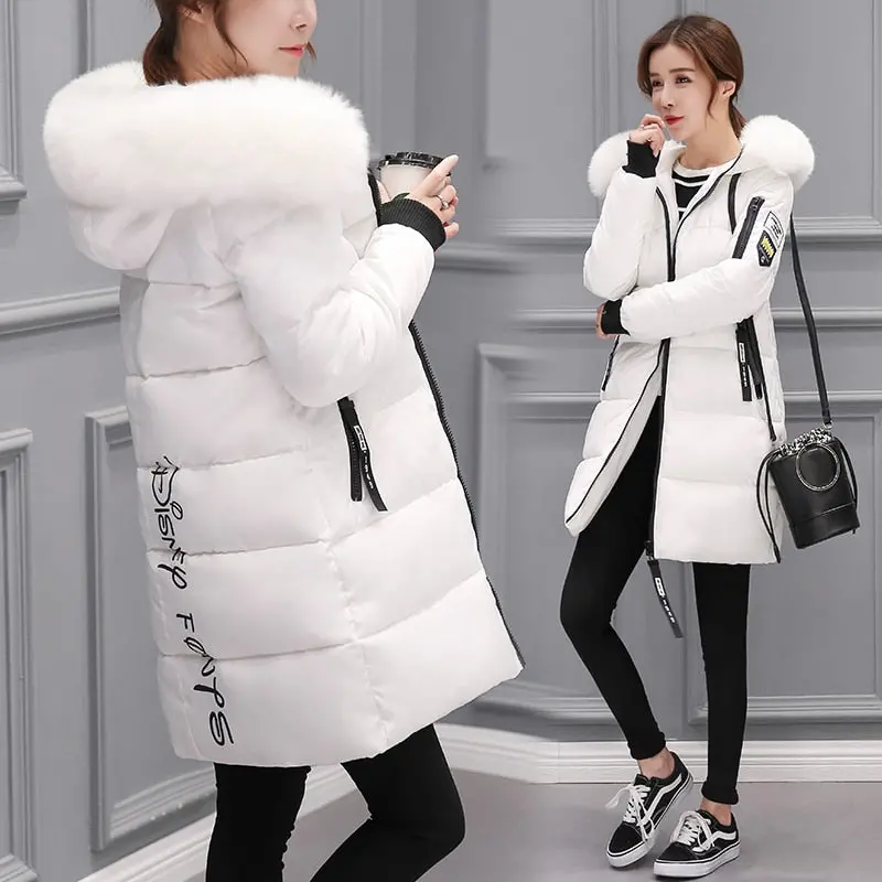 New 2018 Autumn Winter Women Fur Collar Long Hoodie Down Jacket Plus Size Hooded Cotton Thick Warm Windproof Parkas 1