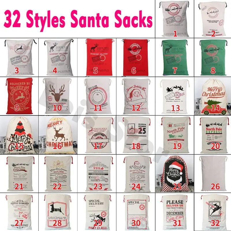 32 Styles Christmas Gift 2018 Santa Sacks 1Pc Drawstring Canvas Santa Sack Xmas Canvas Bag Large Santa Claus Gift Bag Handmade 1