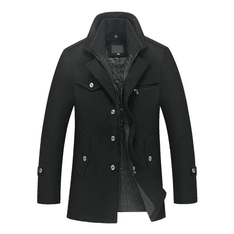 New Men's Winter Padded Wool Jackets Coats Removable Quilted Lining Button Wool Blends Pea Coat Thick Padded Jacket Coat Men 1