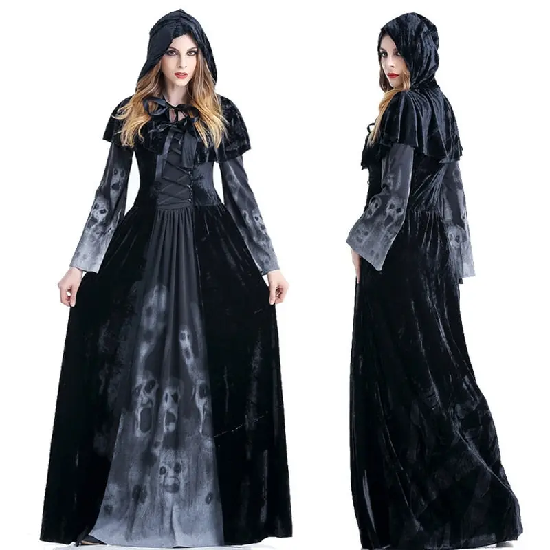 Gothic Witch Dress Ghost Skull Print Devil Black Floor Length Fancy Party Dress For Women Autumn Winter Halloween Party Dress 1