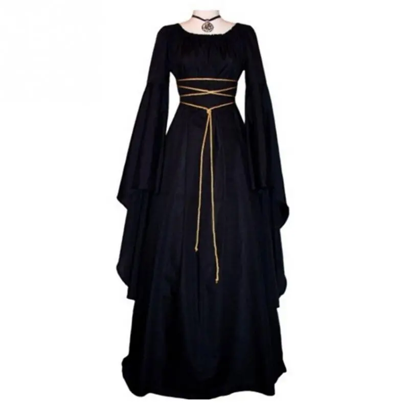 Women Gown Halloween Dress Evening Party Long Sleeve Gothic Medieval Crew Neck Ladies Party Cosplay Dress 1
