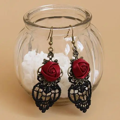 1 Pair Vintage Gothic Vampire Halloween Black Lace Red Flowers Dangle Earrings 1