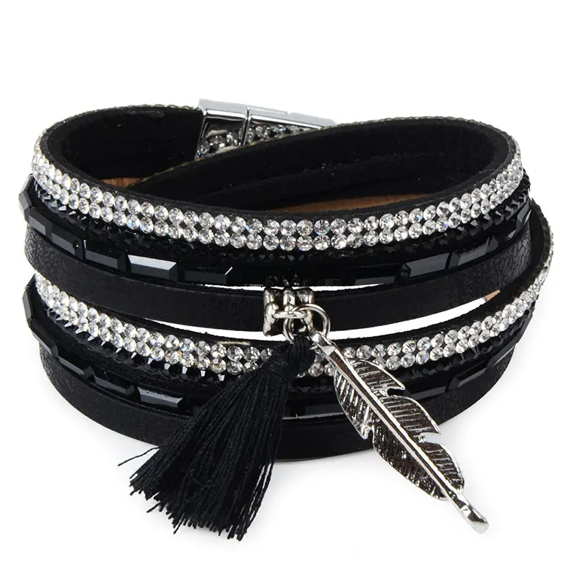 Rhinestone Feather Wide Multilayer Leather Bracelet Magnetic Tassel Bracelet Women Wrap Charm Boho Bohemian Bracelets Bangle Men 1
