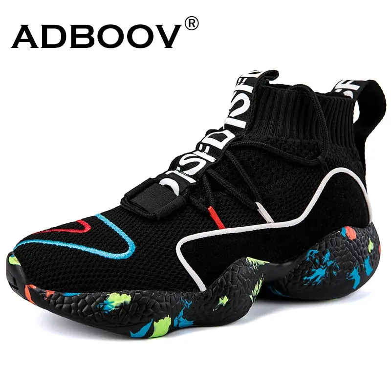 Adboov  High Top Sneakers Women Knit Upper Breathable Sock Shoes Woman Thick Sole 5 Cm Fashion Sapato Feminino Black / White 1