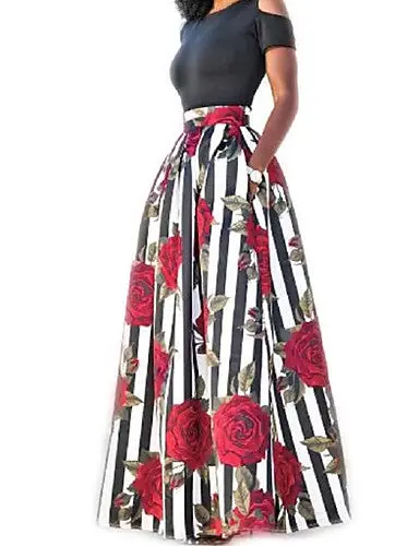 Women's Holiday Cotton Two Piece Dress - Striped Floral Print Maxi 1