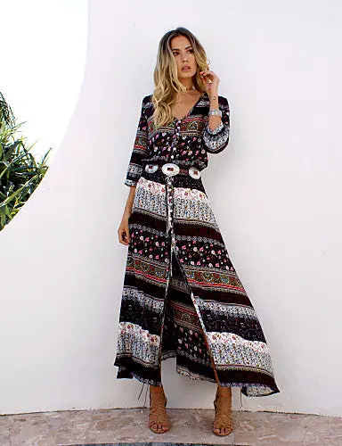 Plus-Size Boho Cotton Tunic Dress – V-Neck Maxi with Graphic Split Print for Holiday & Beach